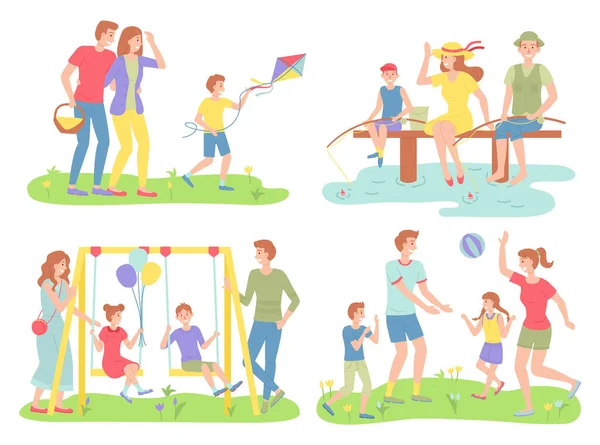 Conjunto de personas actividades recreativas al aire libre. Familias pescando, jugando pelota, balanceándose. Hora de verano — Vector de stock