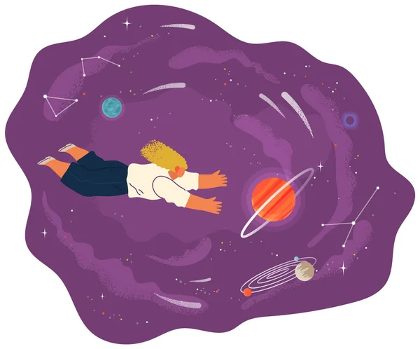 Femme sommeil volant dans l'espace vecteur plat illustration avec planètes et étoiles dessin animé scène cosmique — Image vectorielle