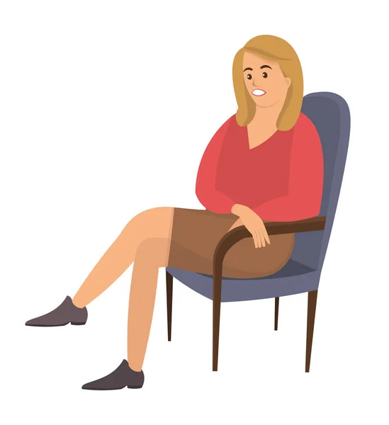여성 평평 한 벡터 그림에 앉아 있다. 하얀 배경에 고립 된 의자에 앉아 있는 성인 여성 — 스톡 벡터