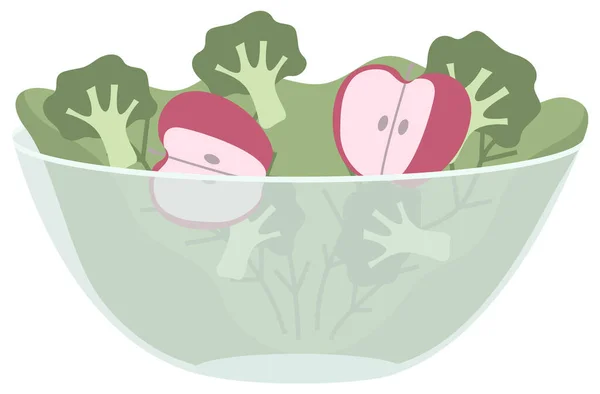 Прозрачная миска с салатом. Брокколи, салат и нарезанные яблоки на векторной иллюстрации — стоковый вектор