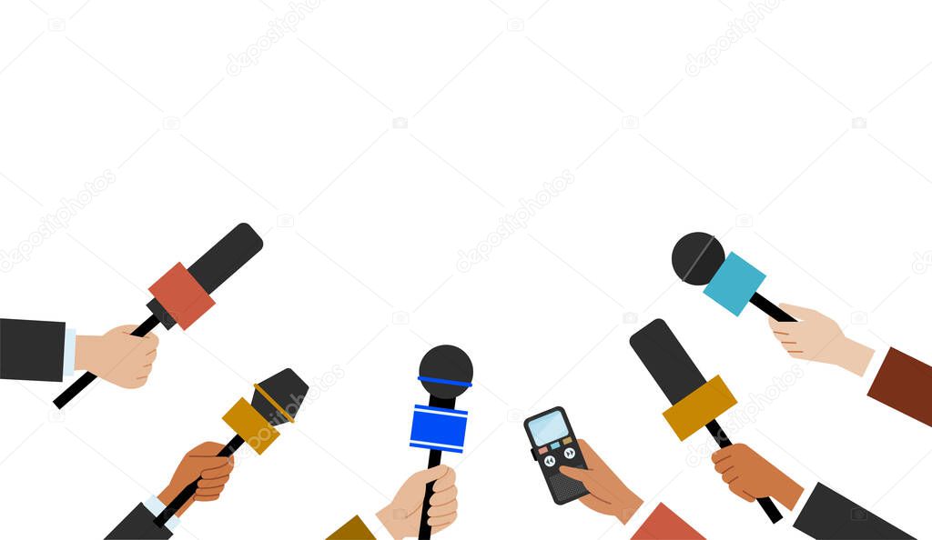 Hands are holding colorful microphones. Correspondents interviewing with special equipments