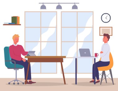 İş görüşmeleri. Sandalyede oturan iş adamları. Ofisin içi. Erkekler iletişim