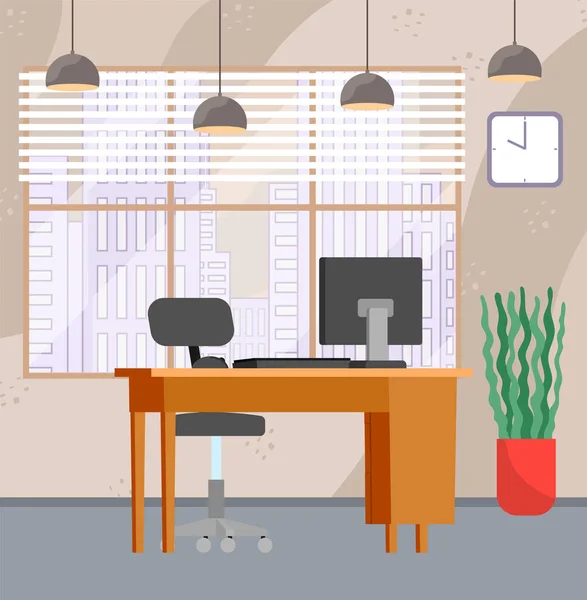 Diseño de un lugar de trabajo moderno. Oficina creativa con gran ventana, escritorio, monitor y muebles — Archivo Imágenes Vectoriales