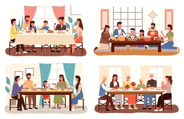 Serie di illustrazioni sul tema delle persone cenare in stili tradizionali dei paesi di tutto il mondo — Vettoriale Stock