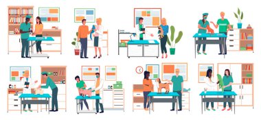 Veterinerlik kliniği ziyareti hakkında bir dizi illüstrasyon. Doktor hayvan hastalıklarını teşhis eder.