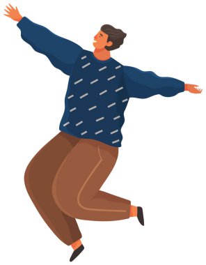 Çizgi film genç erkek havada süzülüyor ve uçuyor beyaz üzerinde izole edilmiş rüya vektör çizimi