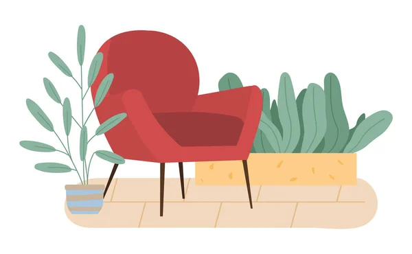 Retro kırmızı koltuk ve saksıda bitkiler. Oturma odası mobilyaları modern ev dekorasyonu. — Stok Vektör