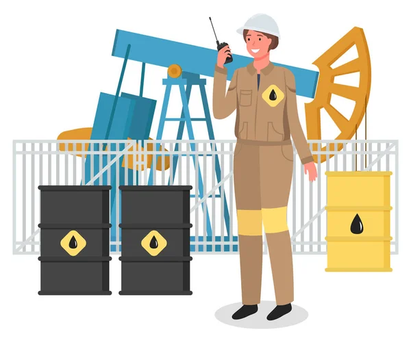 Donna petroliera in uniforme e casco vicino all'industria attrezzature pompa e barili di petrolio — Vettoriale Stock