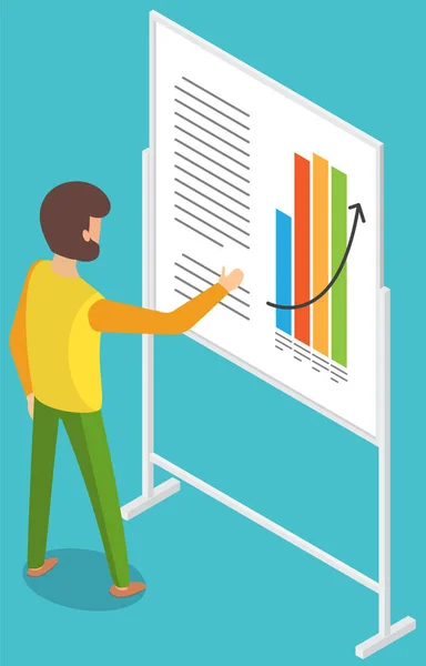 El hombre estudia indicadores de demanda en el tablero de presentación con gráficos y gráficos, concepto de marketing — Archivo Imágenes Vectoriales