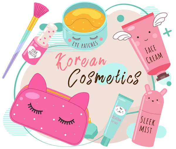Conjunto de belleza vectorial. Maquillaje herramientas de cosméticos y cosméticos coreanos. Colección de productos de belleza — Vector de stock