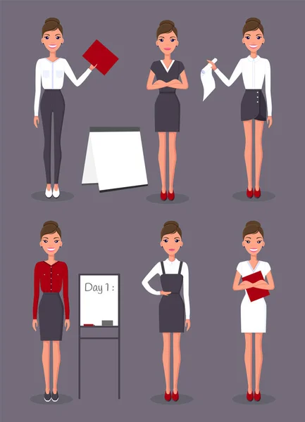 Businesswoman collection wearing different clothes, business cloth, woman in different poses — Stock Vector