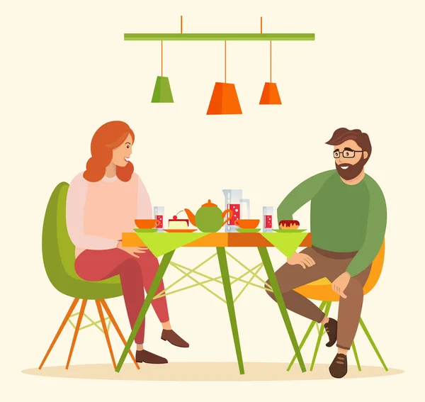 Tasty lunch in the cafe vector illustration. Couple is eating desserts and drinking compote — Stock Vector