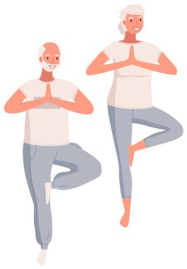 Yaşlı insanlar evlerinde farklı pozlarda yoga egzersizleri yapıyorlar. Sağlıklı aktif yaşam biçimi