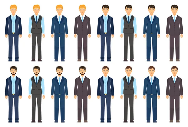 一套西装或服装，金发，黑发，棕色头发的商人，办公室职员风格的男人 — 图库矢量图片