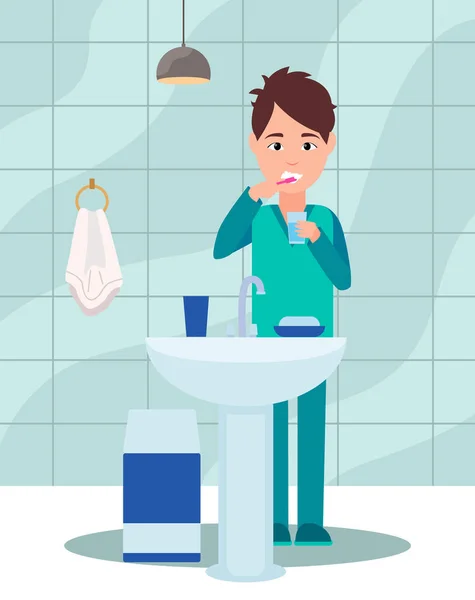 O tipo escova os dentes com uma escova de dentes e lava a boca. Conceito de rotina matinal —  Vetores de Stock