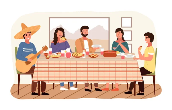 Вся семья ест мексиканскую еду дома. Отношения в национальных костюмах ужинают вместе — стоковый вектор