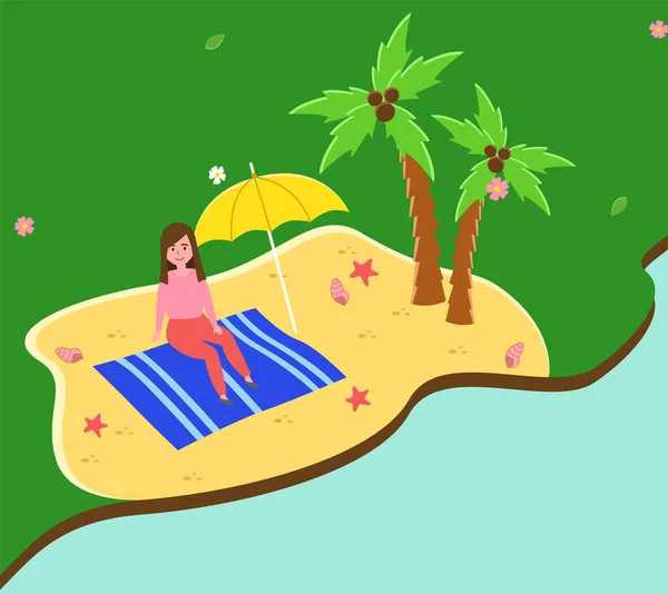 Paisaje tropical con chica sonriente tomando el sol en la orilla del mar, disfrutando del sol, vacaciones junto al océano — Vector de stock