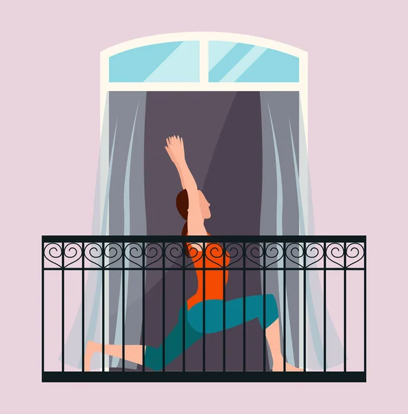 Wanita melakukan latihan relaksasi yoga di balkon di rumah, merawat kesehatan dan tubuhnya - Stok Vektor