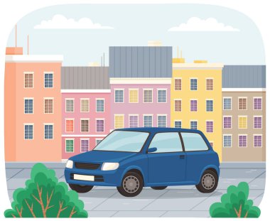 Şehir manzarasının yüksek binalarının arka planında asfalt bir yolda araba sürüyor.