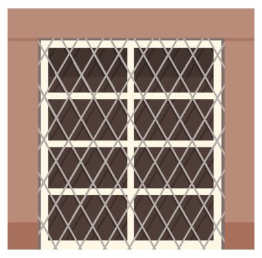 Kahverengi duvar düz vektör illüstrasyonunda metal ağ ile şeffaf çift plastik pencere