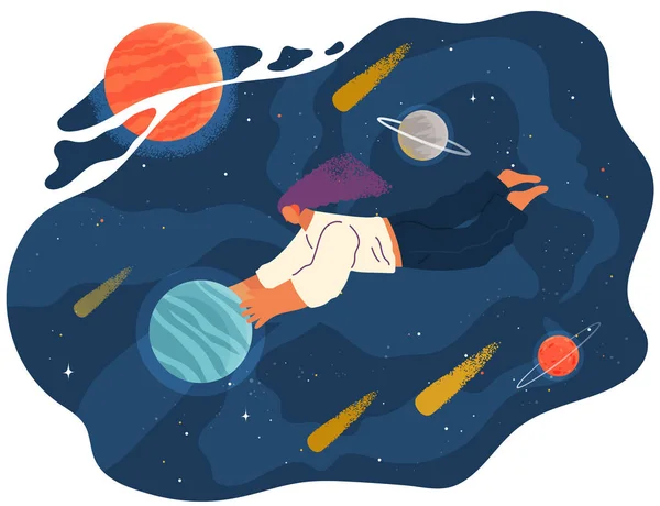 Una mujer volando en vector espacial ilustración plana con planetas y estrellas escena cósmica de dibujos animados — Vector de stock