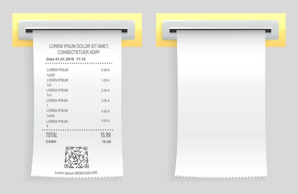 Betalningskontroll pappersdokument petade ut ur kassan. Köpa faktura faktura — Stock vektor