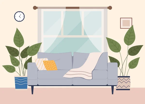 Oturma odası modern mobilya tasarımı. Yastıklı ve ekoseli kanepe, pencerede saksı bitkisi — Stok Vektör