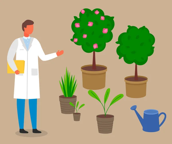 Άνδρας επιστήμονας, βοτανολόγος μελετά και αναλύει το φυτό. Καλλιέργεια και μεταποίηση φυτών — Διανυσματικό Αρχείο