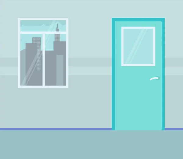 Mur avec fenêtre à la ville urbaine avec porte turquoise, design vectoriel d'armoire vide ou de bureau — Image vectorielle