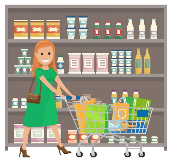 Beautiful woman shopping in the supermarket. Female character with a trolley in hand buys groceries — Stock Vector