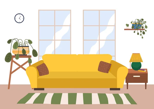 Гостиная современный дизайн мебели. Желтый диван с подушками, горшок с растением у окна — стоковый вектор