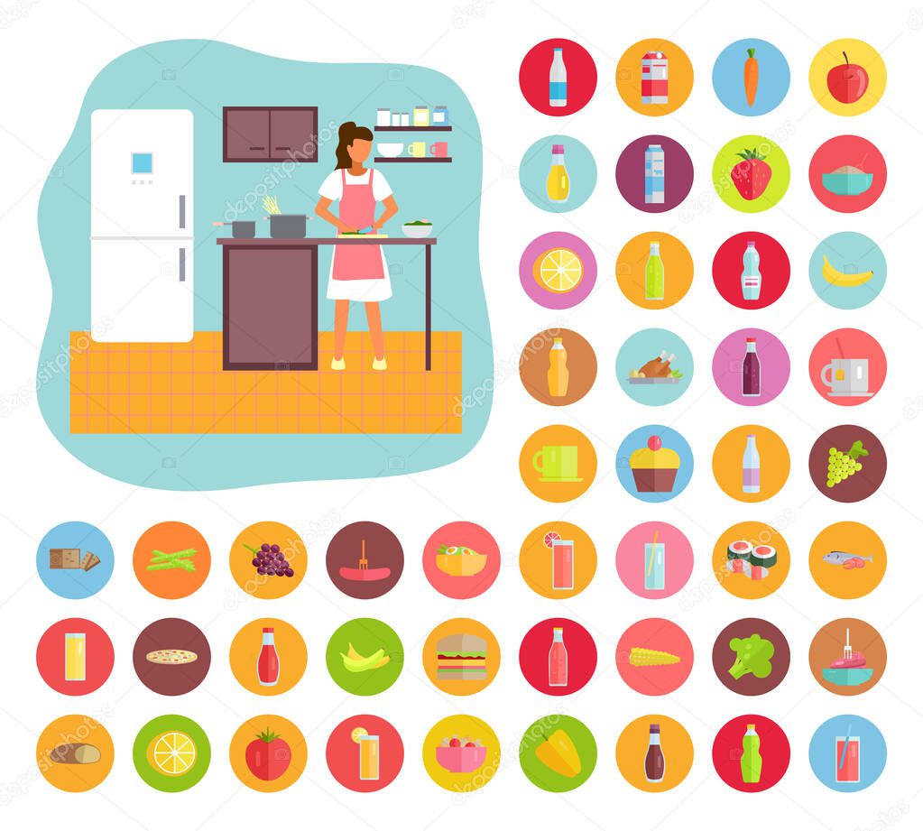 Woman cooking in the kitchen. Food and drinks flat vector icons. Kitchen equipment. Stay at home