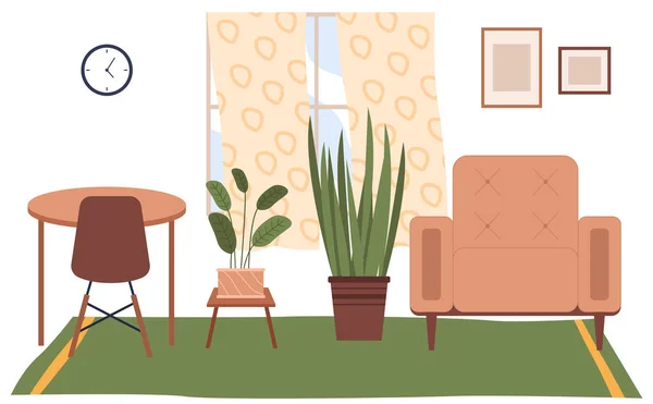Уютное место в комнате рядом с окном со стульями и столом с растением в кастрюле, домашний интерьер — стоковый вектор