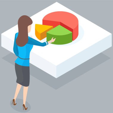 Renk çemberi segmentlerinden oluşan diyagramın yanında duran kadın. Gelir sembolü, miktarların oranı