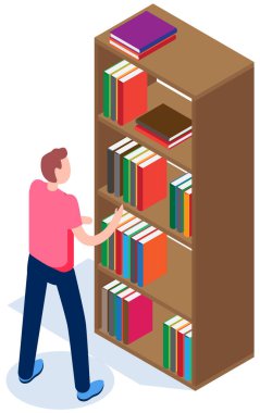 Kütüphane vektör illüstrasyonunda öğrenci. Adam kitaplıktan kitap çıkardı. Erkek dergi seçer