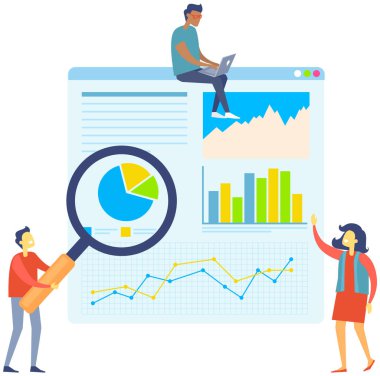 Gemide meslektaşlarına diyagramlar gösteren büyüteçli bir adam. Pazarlama projesini sunan kişi