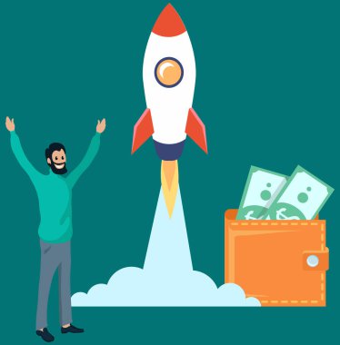 Başarılı bir işadamı para dolu bir roket ve cüzdanın yanında duruyor.