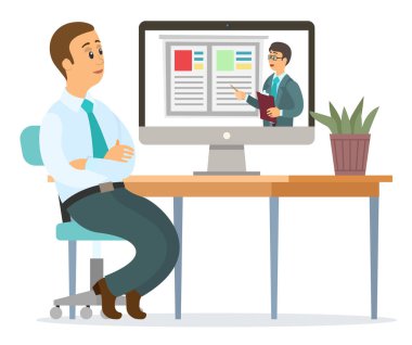 İş adamı, internetteki konferansta görüntülü görüşme yoluyla ortağıyla konuşuyor. Bilgisayarın arka planında bir adam