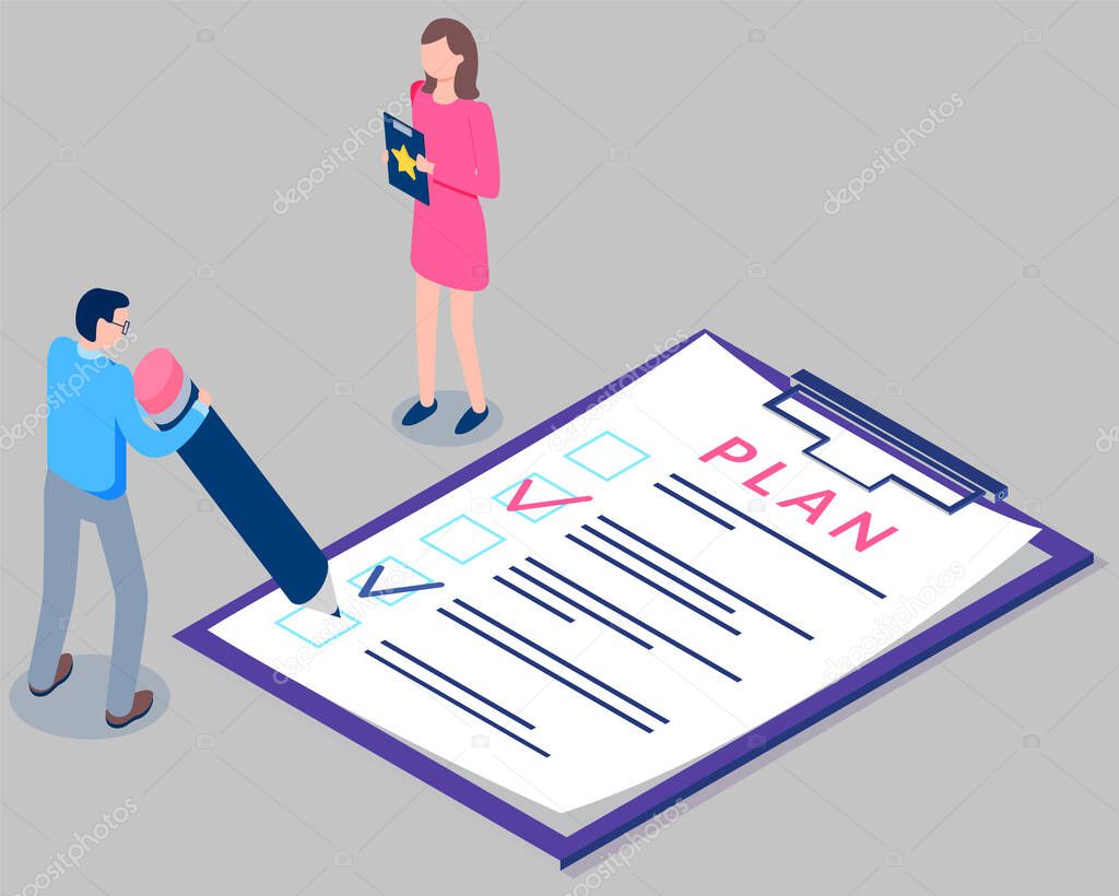 Form survey printed on paper vector illustration. Man with pencil fills out plan of affairs
