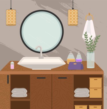 Deterjan ve bakım ürünleriyle dekore edilmiş modern lavabo masası. Banyo iç tasarım konsepti