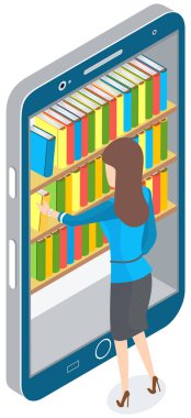 Kadın dijital çevrimiçi kütüphanede akıllı telefondan kitap seçiyor. Modern uygulama ile uzaktan eğitim