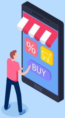 Özel mağaza başvurusu ile alışveriş. Adam satın almak ve sipariş etmek için akıllı telefon kullanıyor.