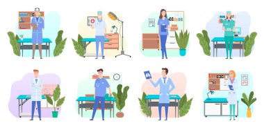 Tıp bürosundaki işyerlerinde üniforma giyen erkek ve Wooman doktorları tıbbi karakterleri ayarladı.