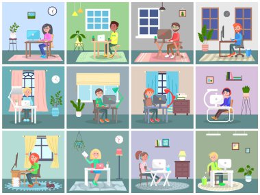 Bilgisayarlarda çalışan bir sürü insan. İnsanlar evde kalırken uzaktan çalışıyor. Düz resim