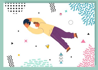 Soyut hayali uzayda uçan ve farklı geometrik şekiller düzenleyen bir adam. Takım çalışması konsepti