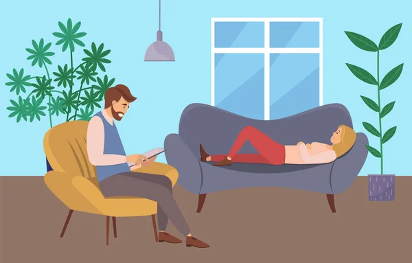 At the reception of a psychotherapist. A woman is lying on a couch in a psychologist s office — Stock Vector