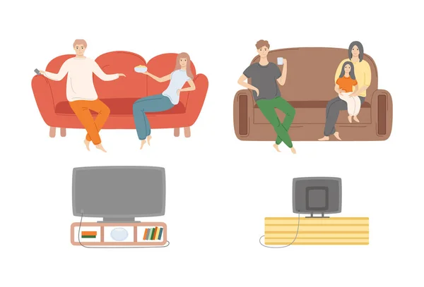 Family Spending Time at Home, People Watching TV — Stock Vector