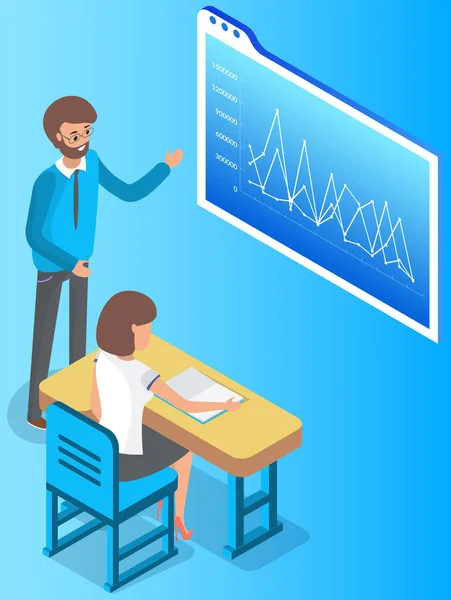 Palestra universitária com professora e estudante. Homem professor está usando quadro branco interativo —  Vetores de Stock