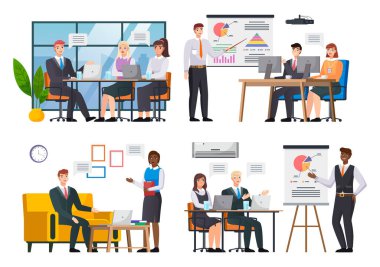 Ofis çalışanları. İş arkadaşları. Meslektaşlar proje takım çalışmasını tartışırlar. Ofis çalışanları iş ve iletişim