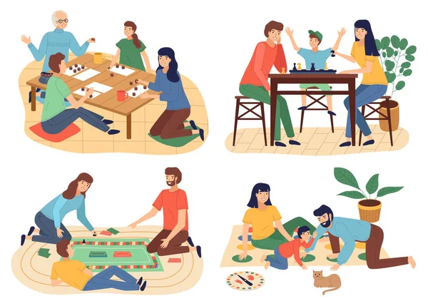 Rodinné hraní uvnitř hry, vztah rodičů a dětí, bingo, šachy, monopol, twister — Stockový vektor